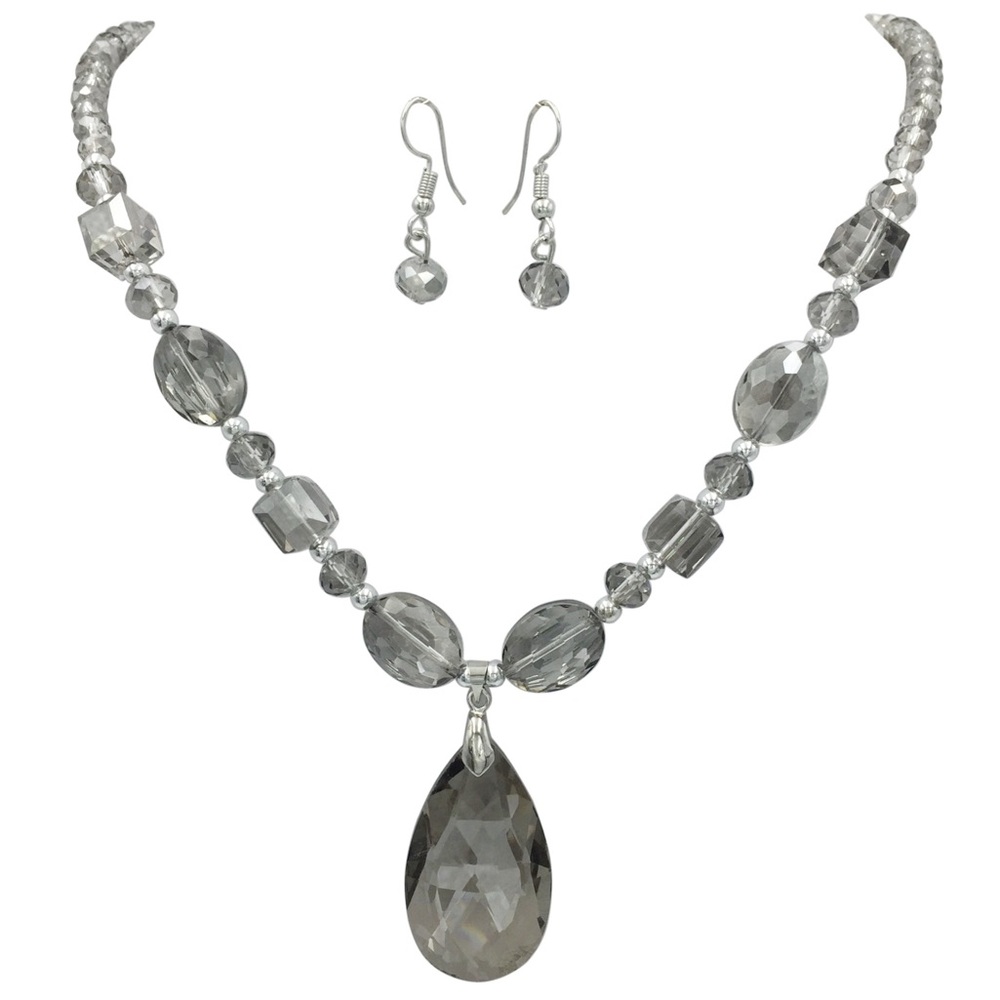 Grey Glass Beaded Teardrop Necklace & Earrings Set